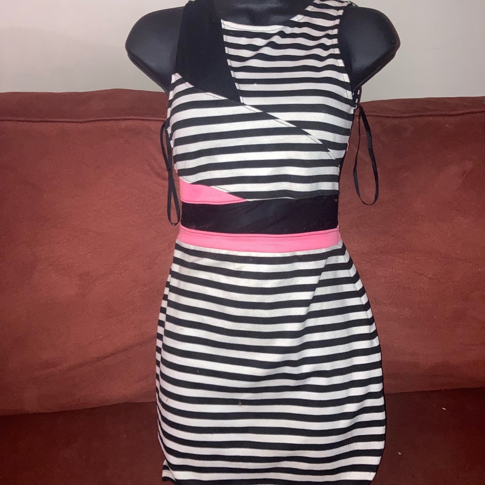 “Material Girl” Size Small Mini Dress Sheer Mid Section and shoulder design.